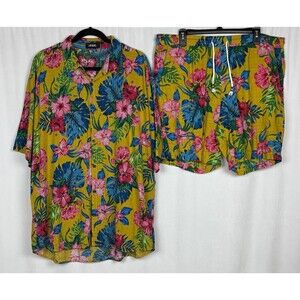 JOGAL Men's XXL Casual Button Down Short Sleeve Hawaiian Print Short Set #3
